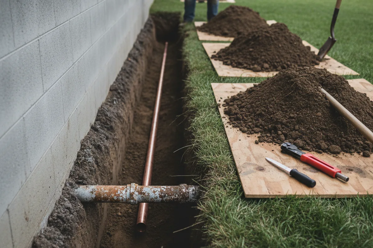 Excavated water line trench during Water Softener Installation in Mouthcard